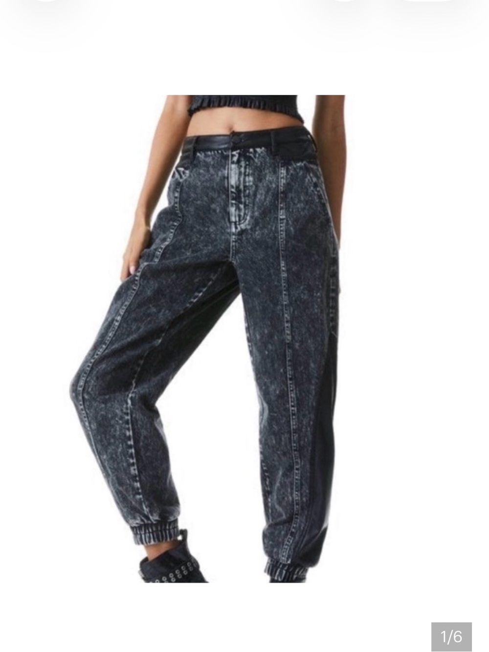 Alice + Olivia Jenny Faux Leather Trim Black Acid-Wash Boyfriend Jogger Jeans